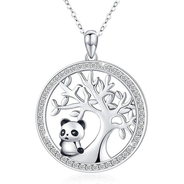 Silver pendant with panda design on a white background
