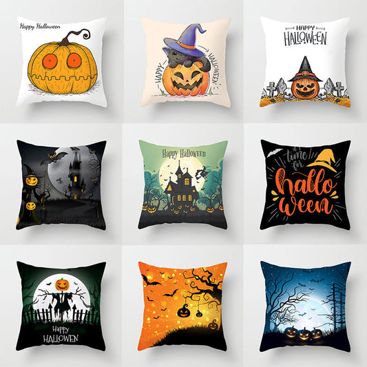 Collection of Halloween-themed decorative pillows on a white background