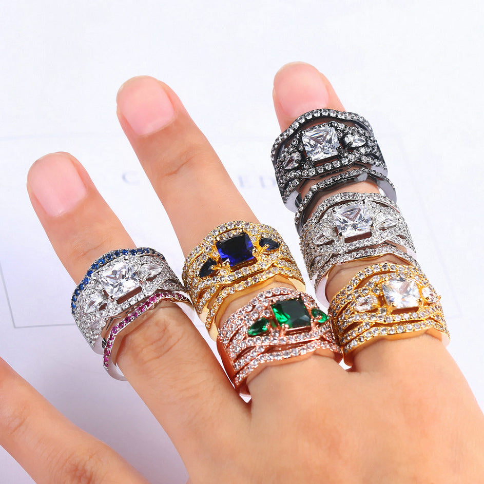 Princess Cut Three Stone 3PC Wedding Set Engagement Ring Set