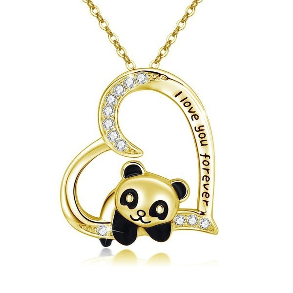 Gold pendant with panda design and 'I love you forever' engraving on a white background