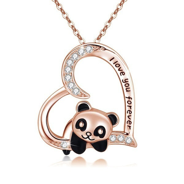 Rose gold panda necklace with 'I love you forever' engraving on a white background