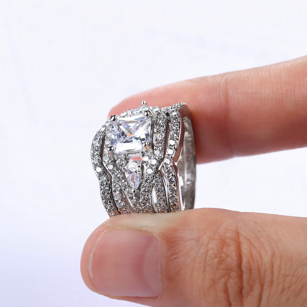 Princess Cut Three Stone 3PC Wedding Set Engagement Ring Set
