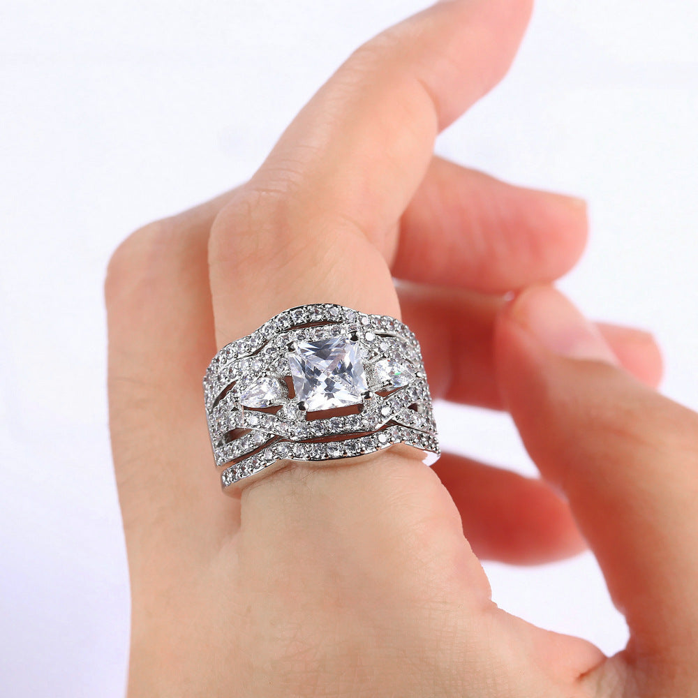 Princess Cut Three Stone 3PC Wedding Set Engagement Ring Set