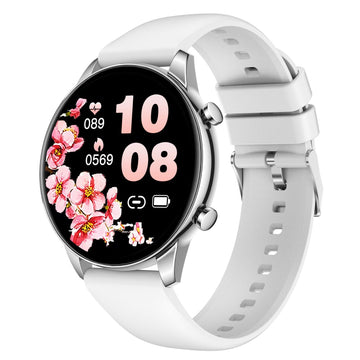 White smartwatch with a floral display on a white background
