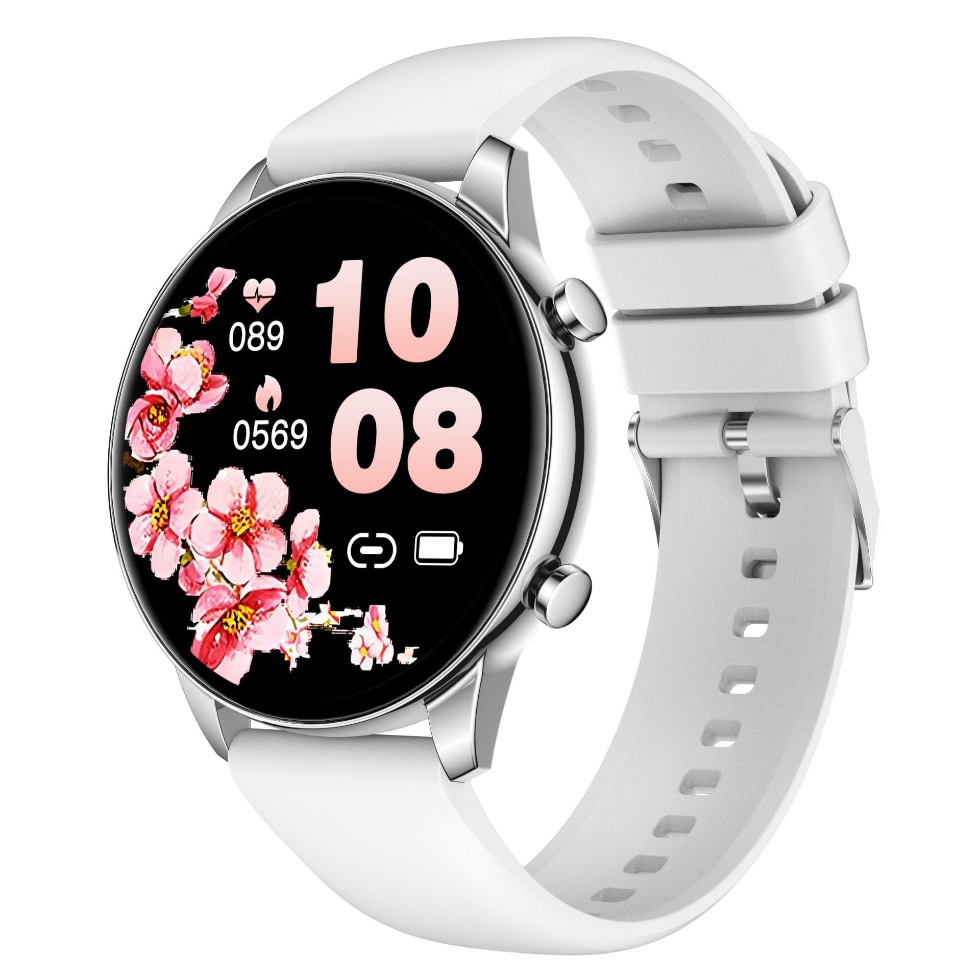 White smartwatch with a floral display on a white background