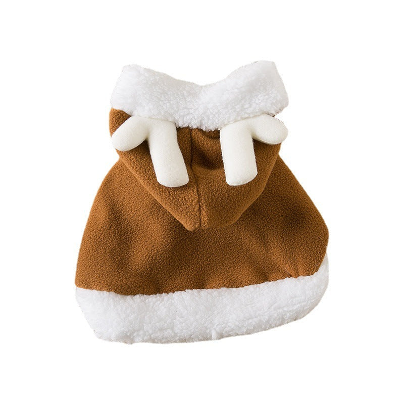 Brown and white dog costume with a hood on a white background