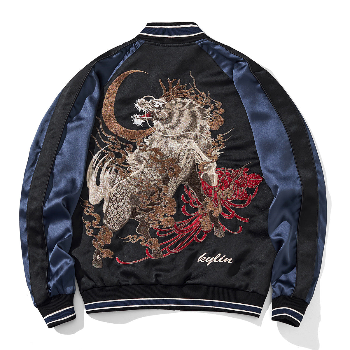Robuste, bestickte Herren-Baseballjacke mit Qilin-Motiv (Fabelwesen).