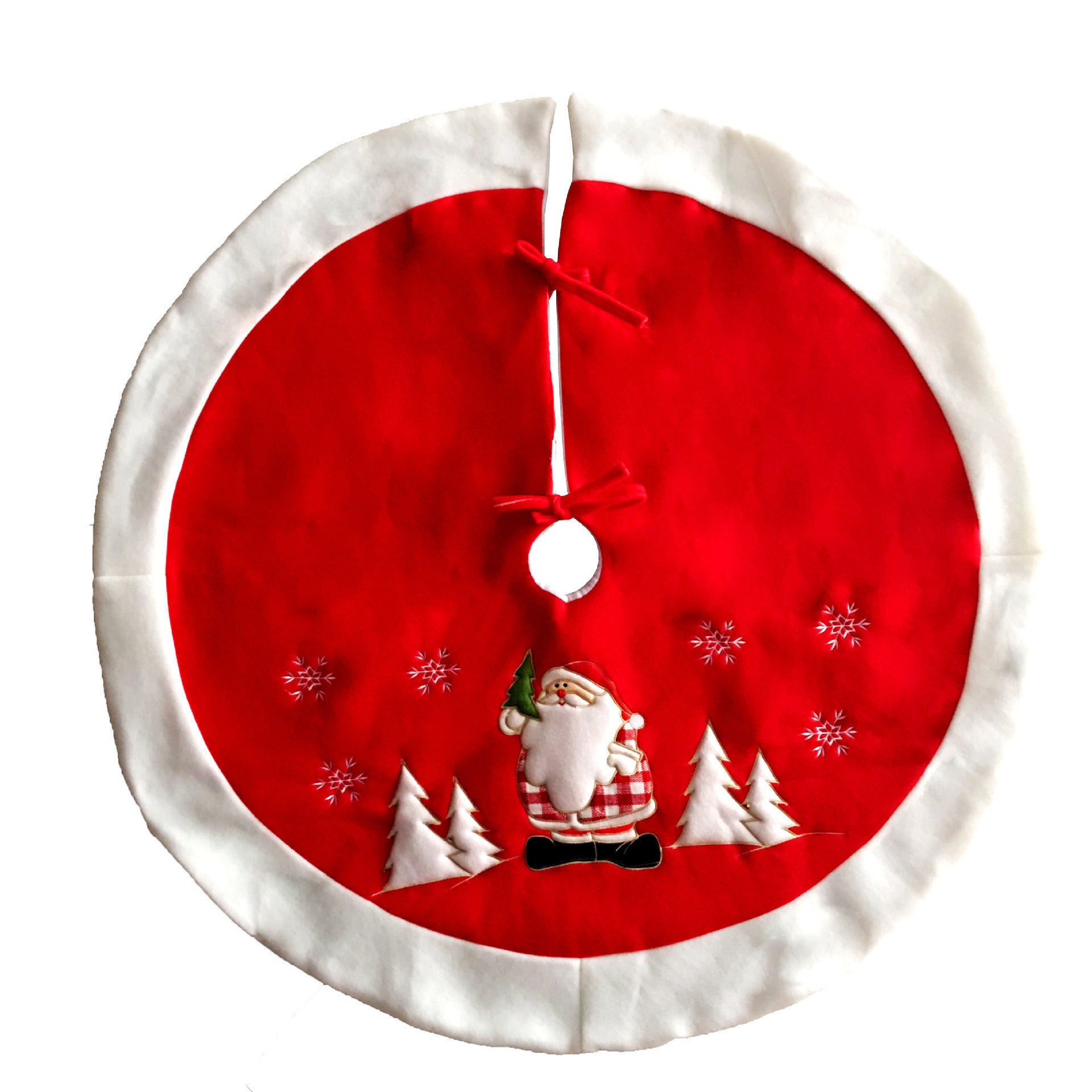 Red Christmas tree skirt with Santa Claus design on a white background