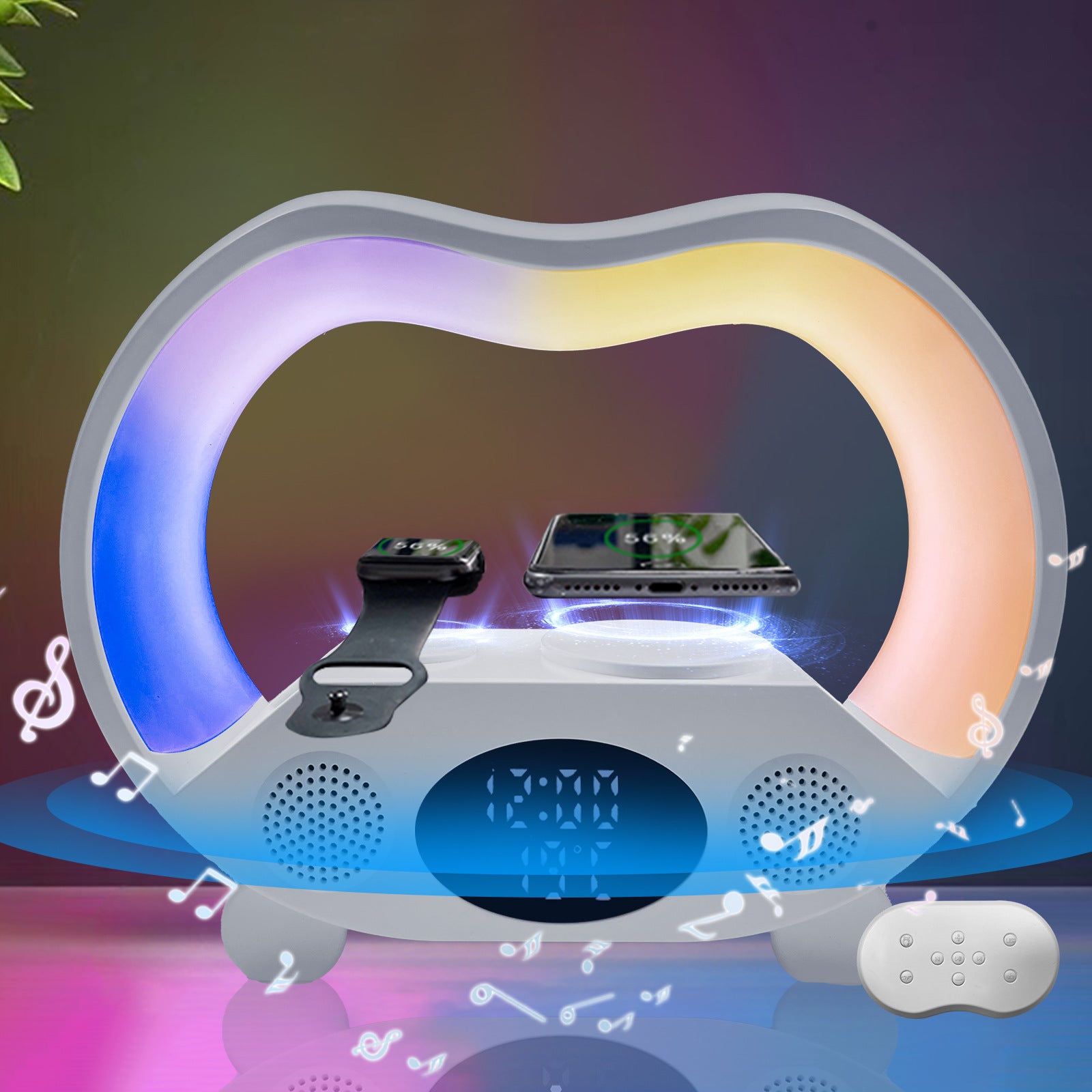 Multifunctional device with LED light display, smartphone, smartwatch, and remote control on a colorful background.