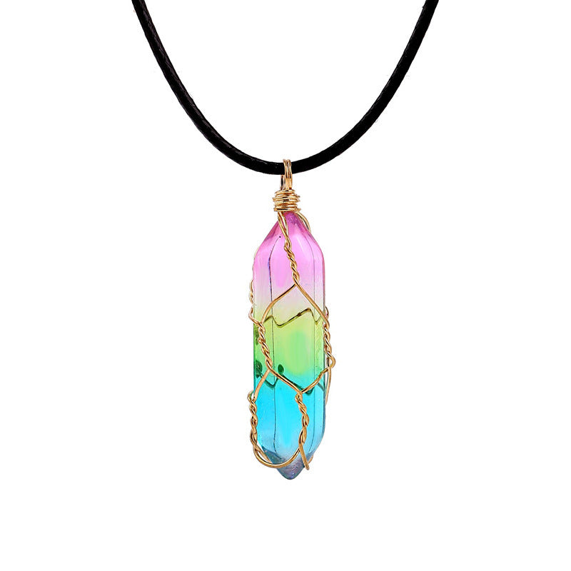 Necklace with a colorful crystal pendant on a white background