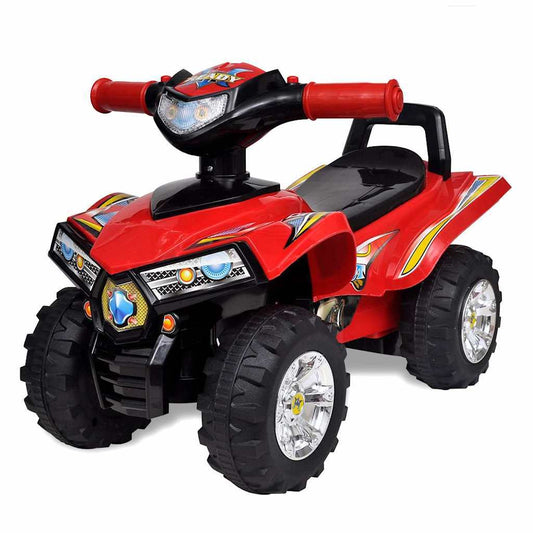 Red toy ATV with black and white accents on a white background