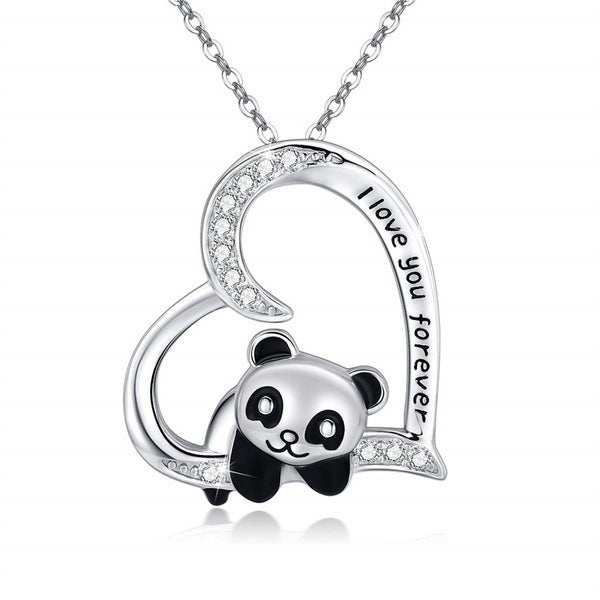 Silver panda necklace with 'I love you forever' text on a white background
