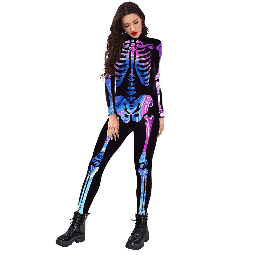 New Halloween Colorful Human Skeleton Print Jumpsuit