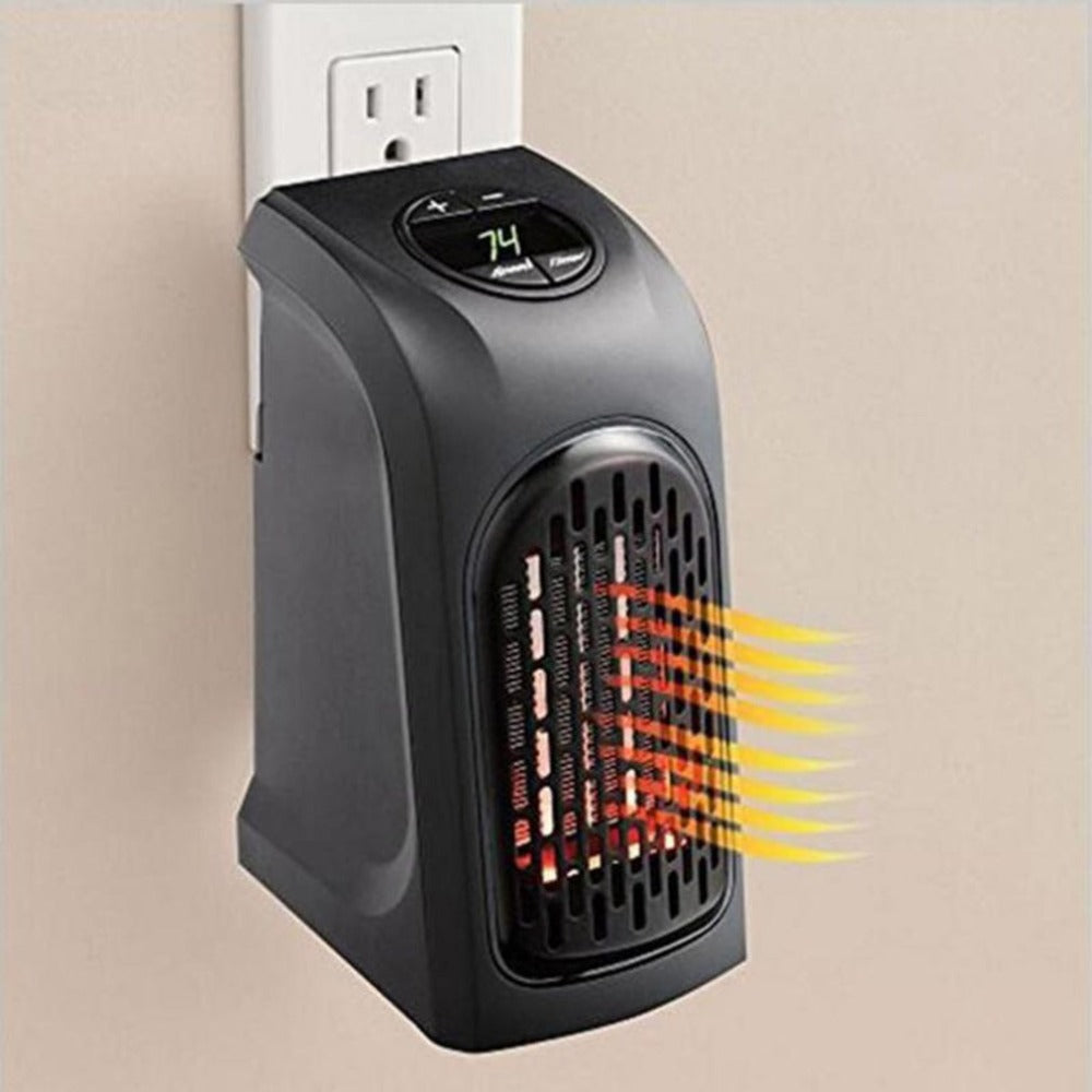 Portable space heater attached to a wall outlet with heat indicator graphics.