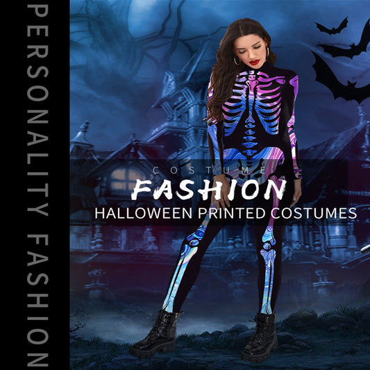 New Halloween Colorful Human Skeleton Print Jumpsuit