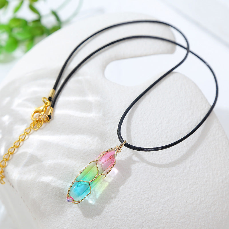 Necklace with a colorful pendant on a white surface