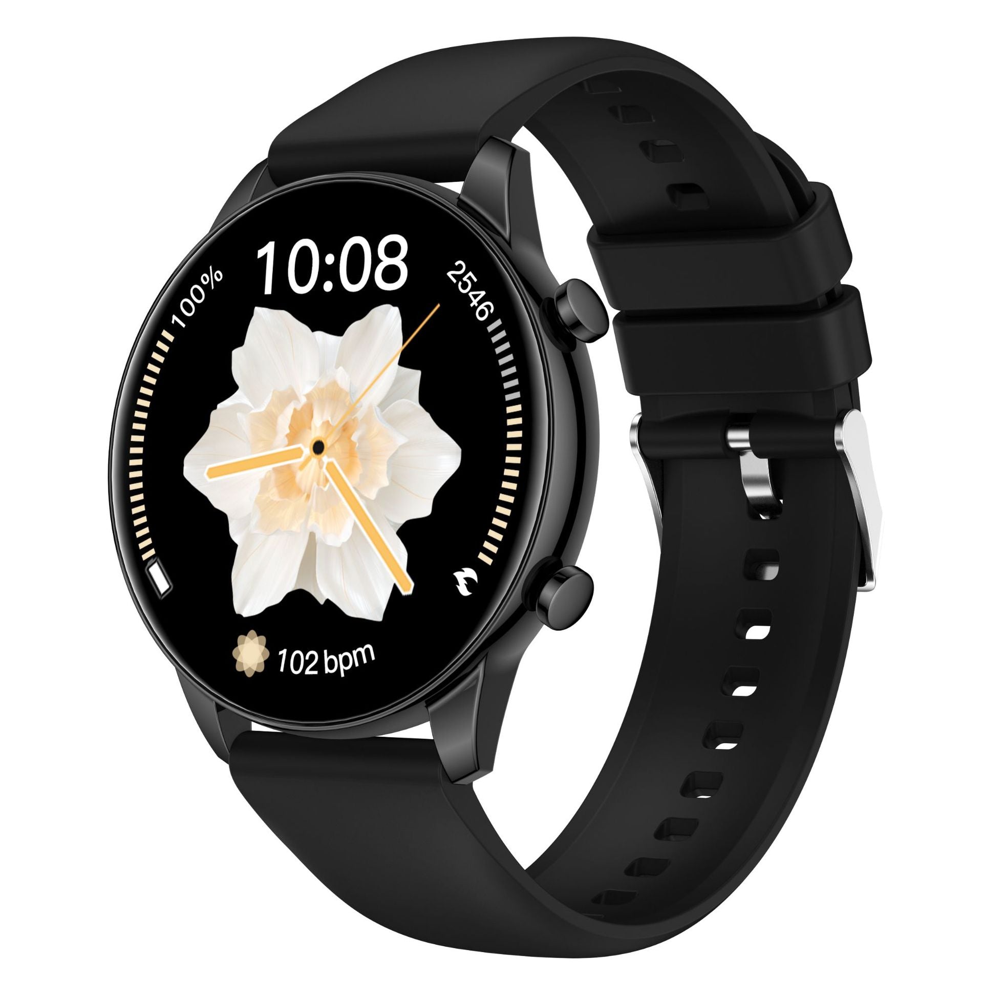 Black smartwatch with a floral display on a white background