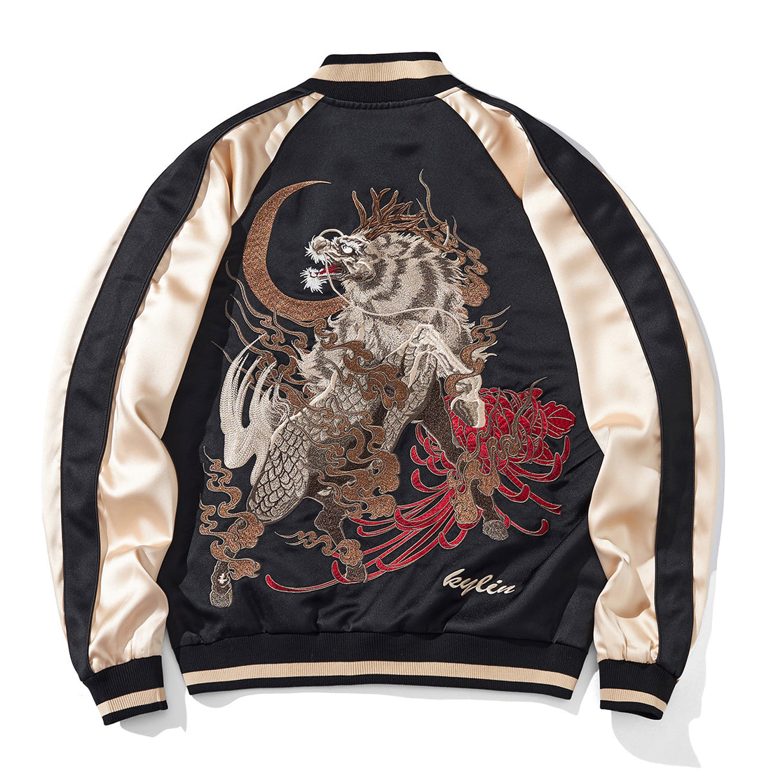 Robuste, bestickte Herren-Baseballjacke mit Qilin-Motiv (Fabelwesen).
