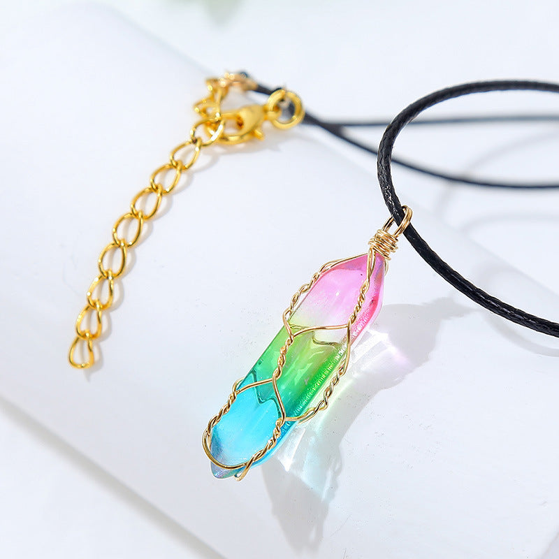 Necklace with a colorful crystal pendant on a white background