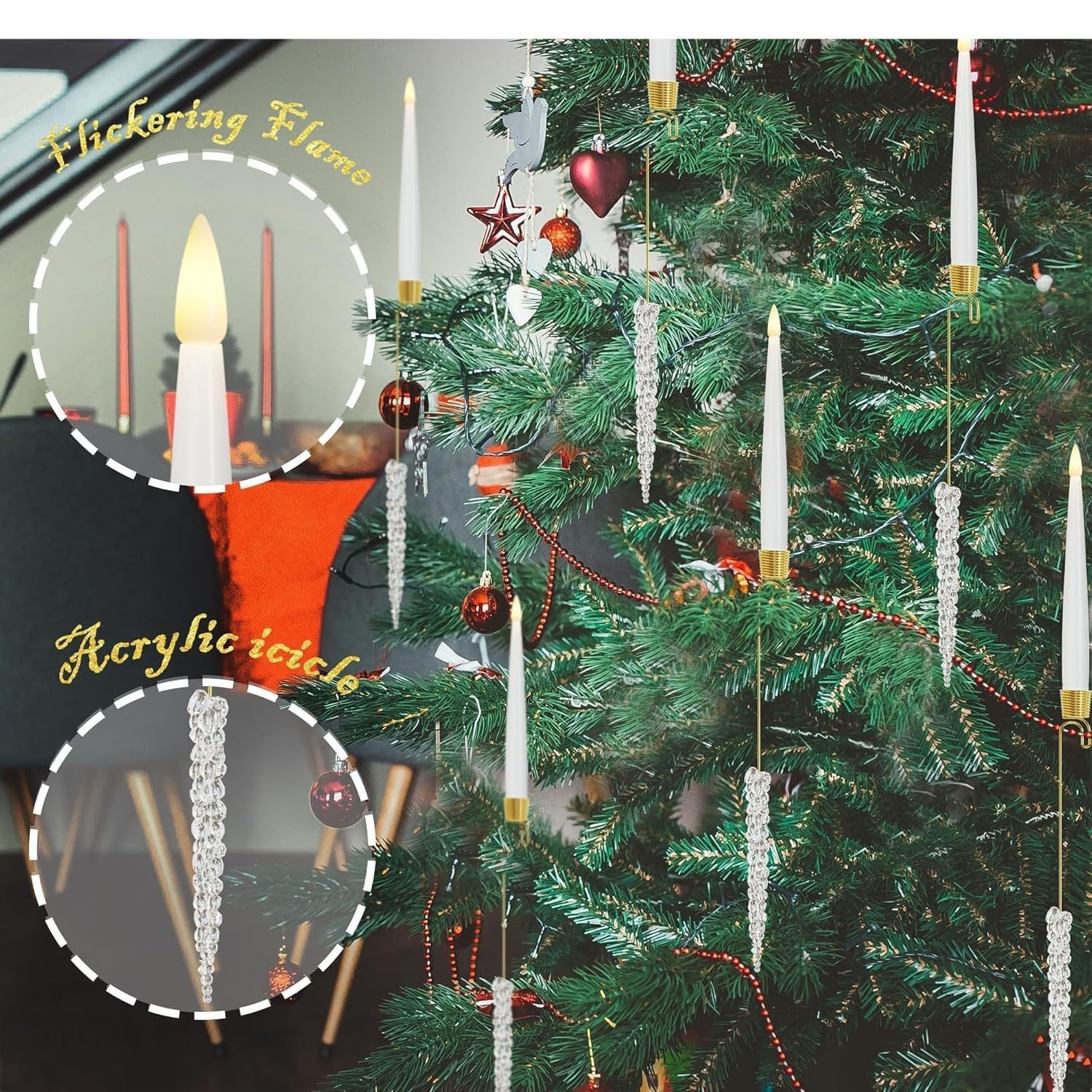 Decorated Christmas tree with artificial candles and ornaments, highlighting acrylic icicle and candle details.
