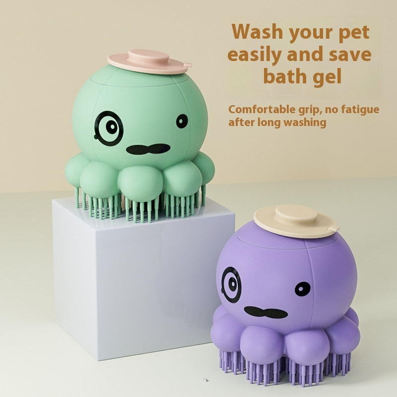 Two octopus-shaped pet grooming tools, one green and one purple, on a light background with text about their benefits.