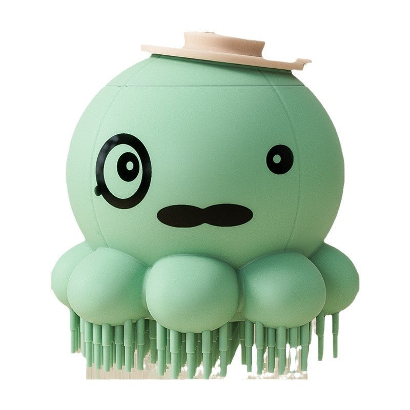 Green octopus-shaped brush with a hat on a white background