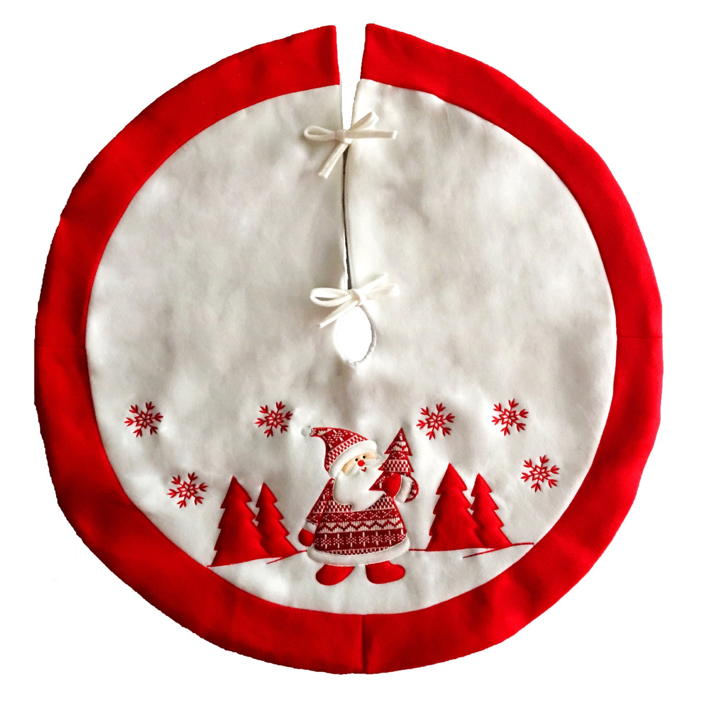 Christmas tree skirt with Santa Claus design on a white background