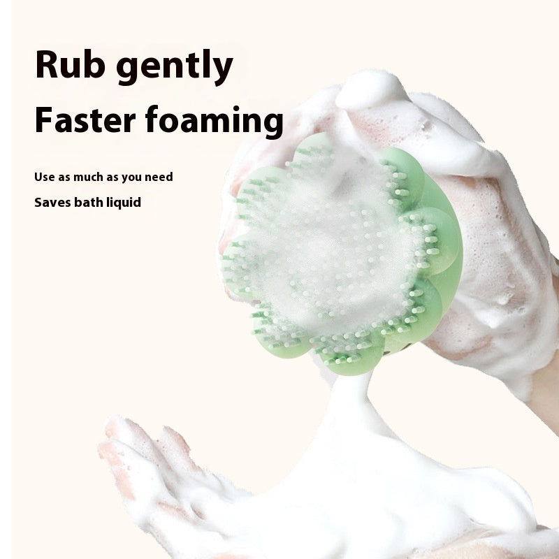 Dog with a bath sponge and text about fine foam for baths