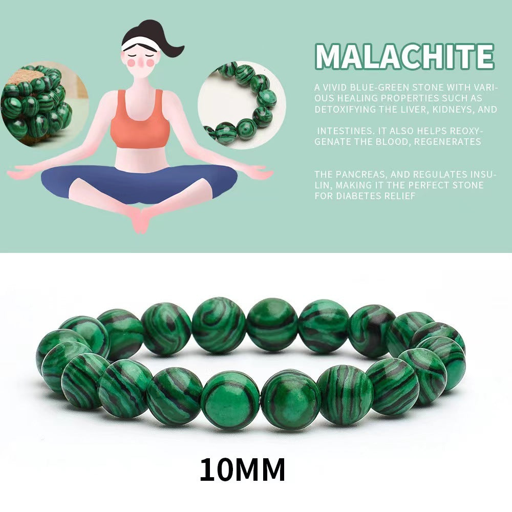 Malachite bracelet with a woman meditating and text about its healing properties on a light green background.