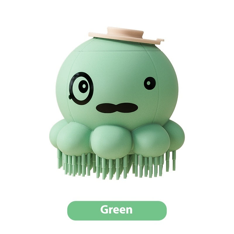 Green octopus-shaped brush with a hat on a white background