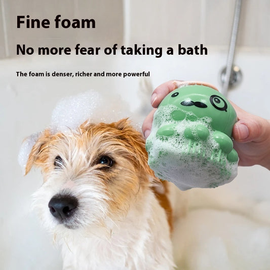 Dog with a bath sponge and text about fine foam for baths