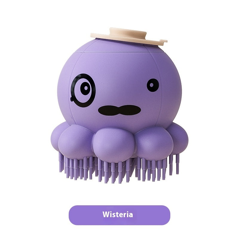 Purple octopus-shaped brush with a hat and mustache on a white background, labeled 'Wisteria'.