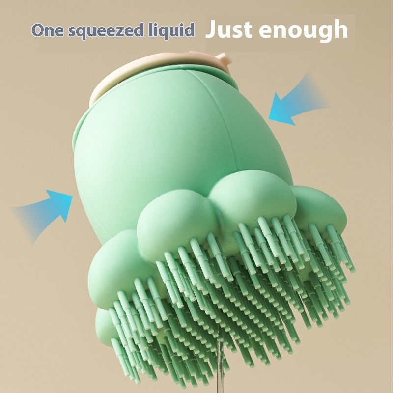 Green silicone scrubber with bristles on a beige background