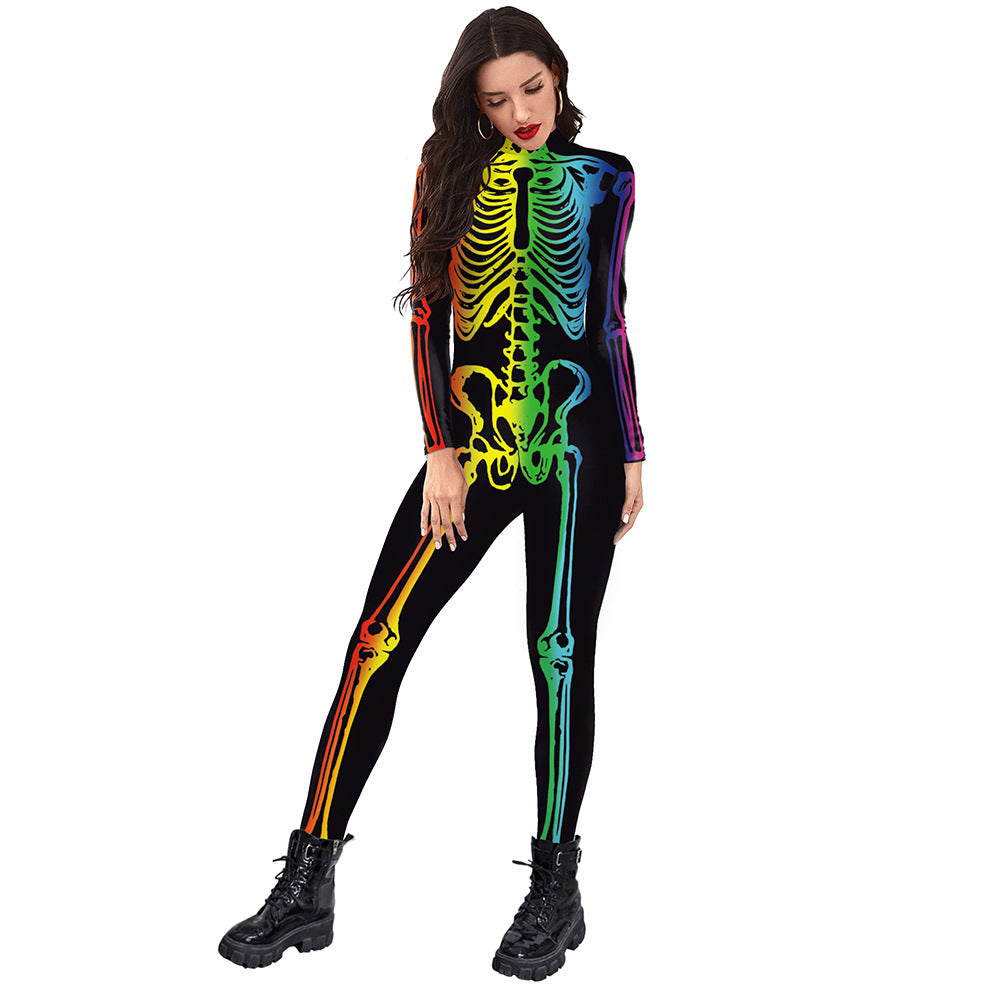 New Halloween Colorful Human Skeleton Print Jumpsuit