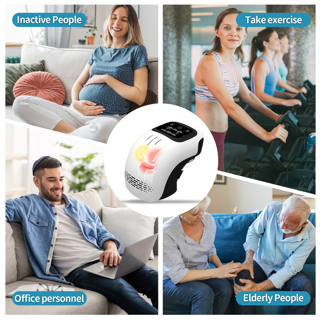 Collage of people in different scenarios with a product labeled 'Inactive People', 'Take exercise', 'Office personnel', and 'Elderly People'.