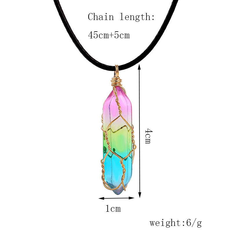 Necklace with a multicolored crystal pendant, showing chain length, dimensions, and weight on a white background.