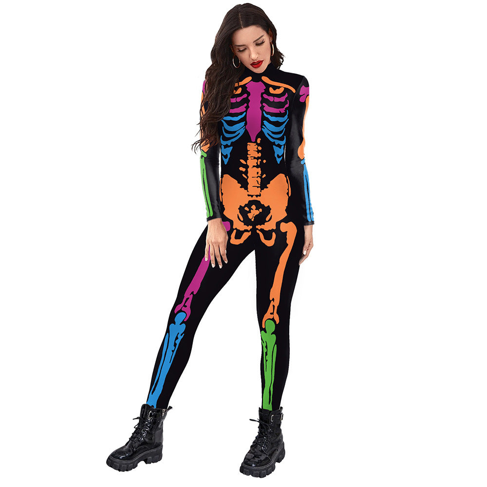 New Halloween Colorful Human Skeleton Print Jumpsuit