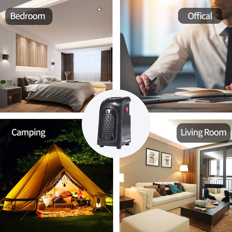 Collage of images showing a bedroom, office, camping scene, and living room with a small black heater in the center.
