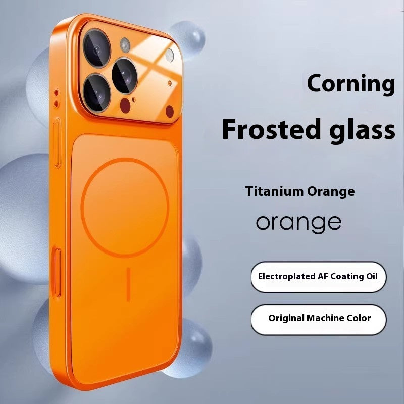 Orange phone case with Corning Frosted glass text on a gray background