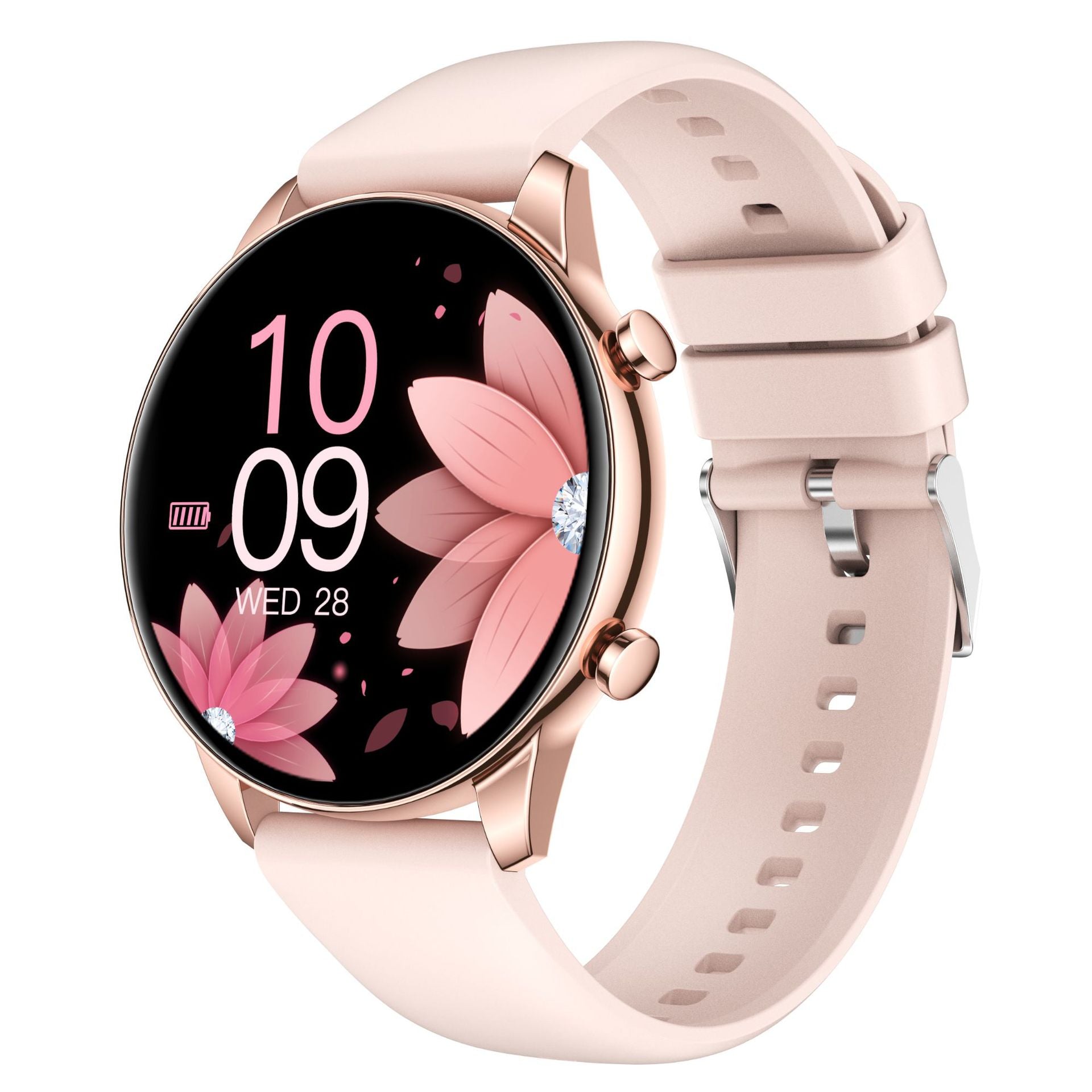Smartwatch with a pink floral display on a white background