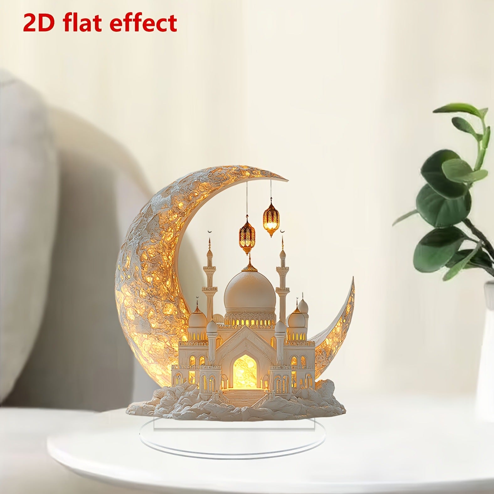 Decorative lamp with a moon design featuring a castle and lanterns, on a neutral background.
