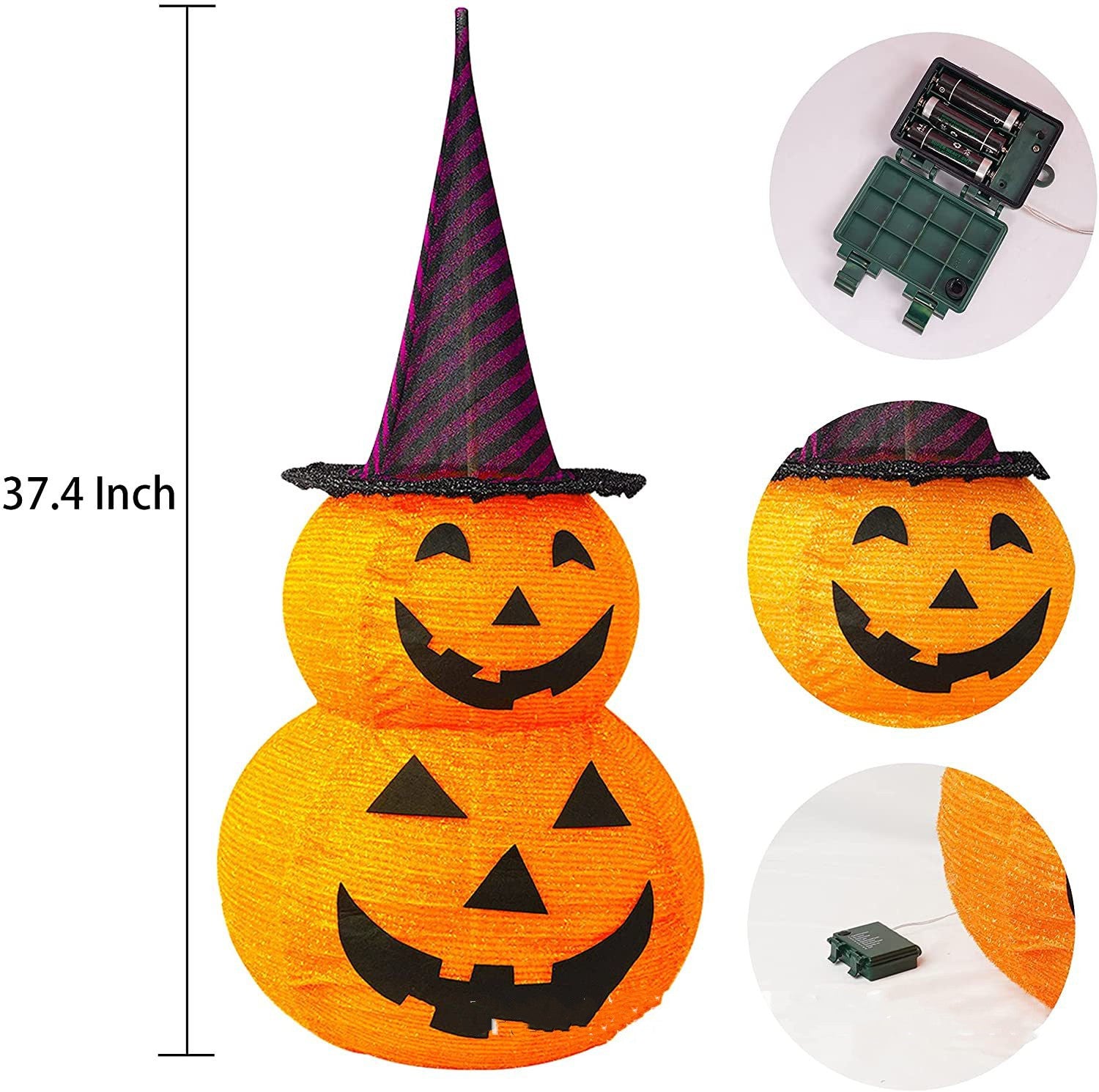 Halloween-themed decoration with a pumpkin face and witch hat, showing dimensions and small inset images.