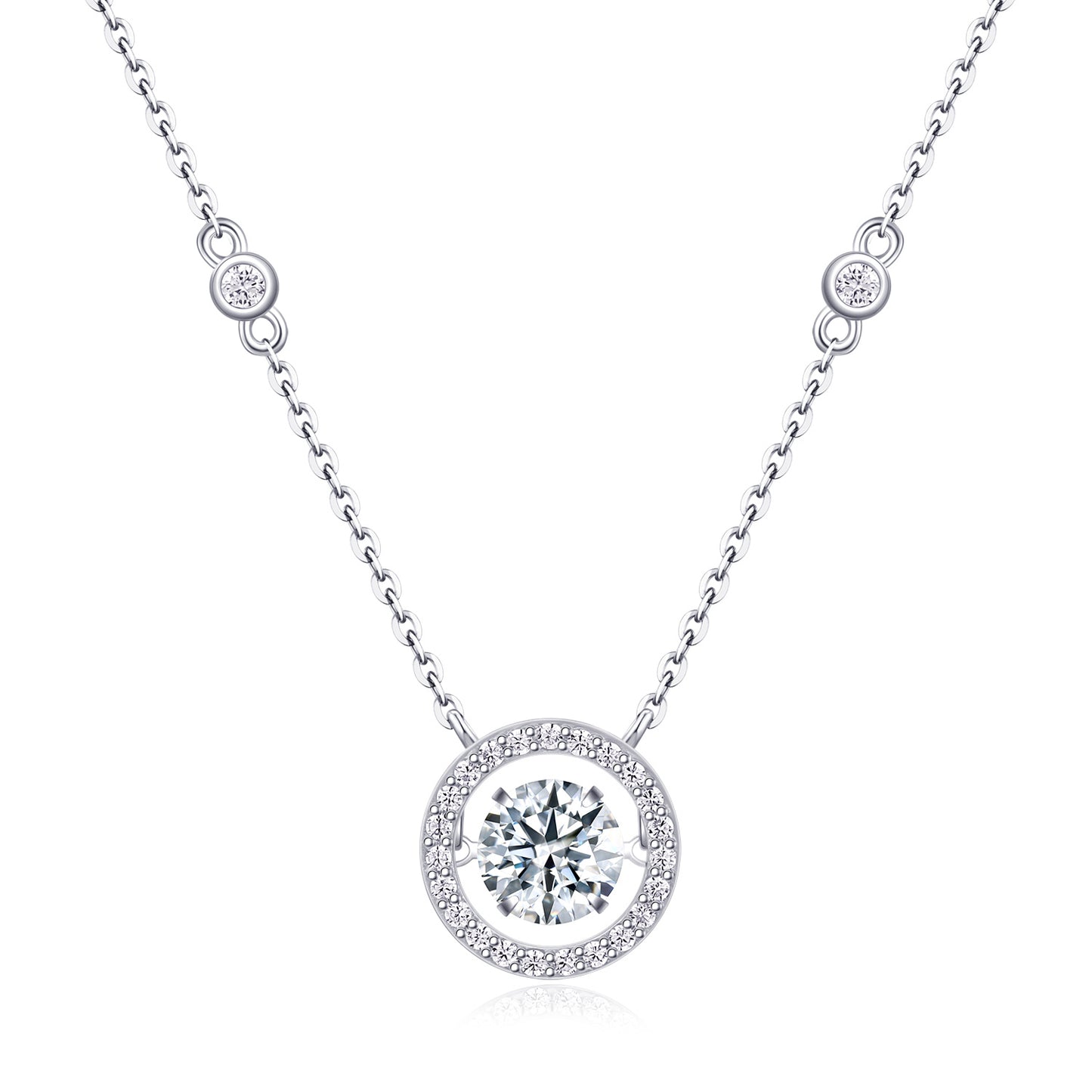 Silver necklace with a round diamond pendant on a white background