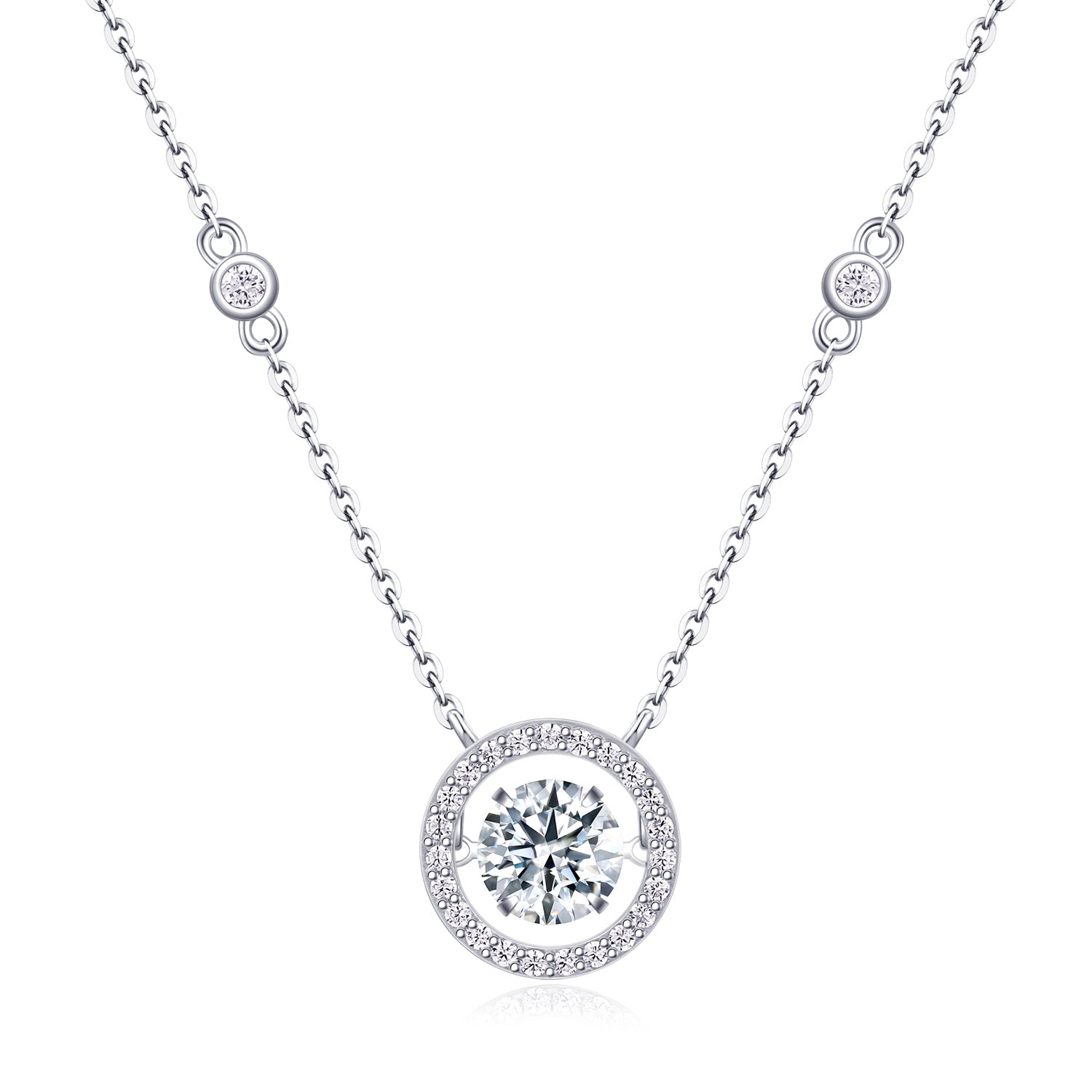 Silver necklace with a round diamond pendant on a white background