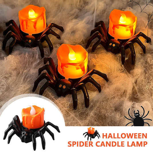 Halloween spider candle lamps on a spider web background with 'Halloween Spider Candle Lamp' text.